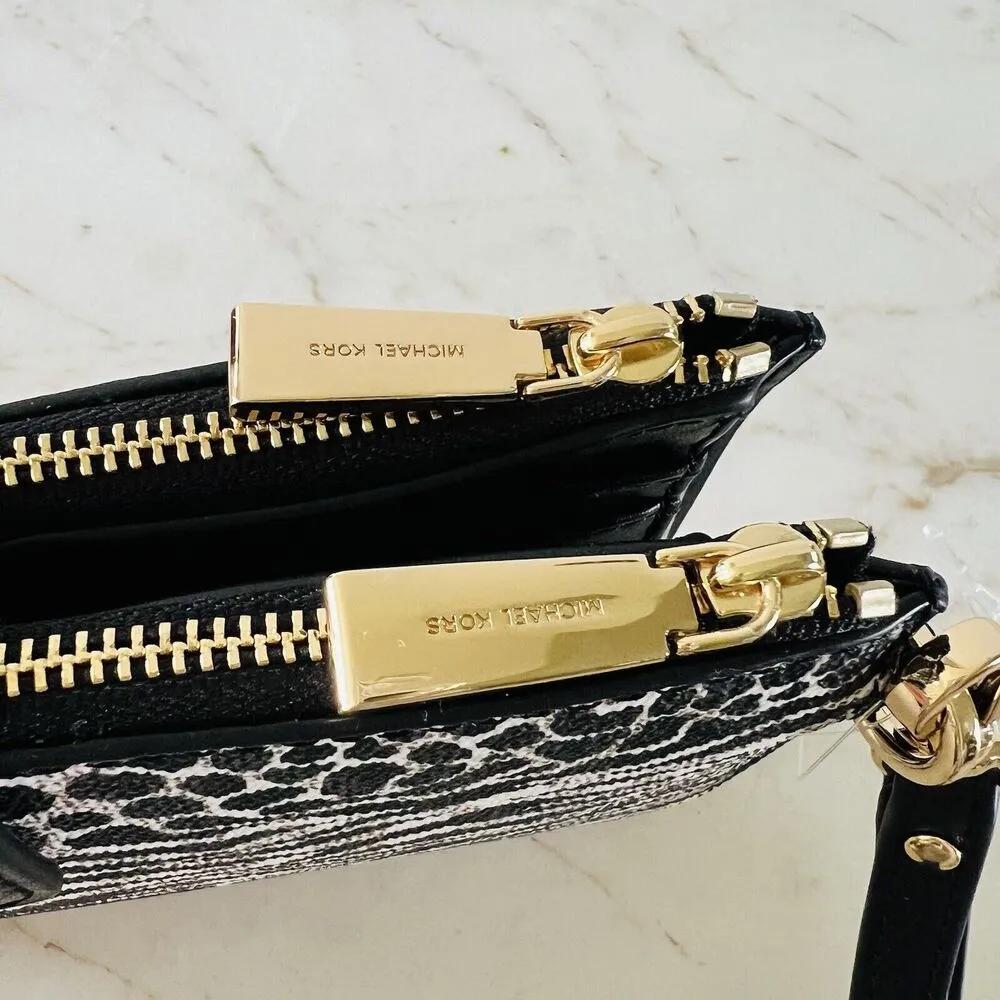 MICHAEL KORS Jet Set Black Multi Leather Logo Print Double Zip Wallet Wristlet - Image 5