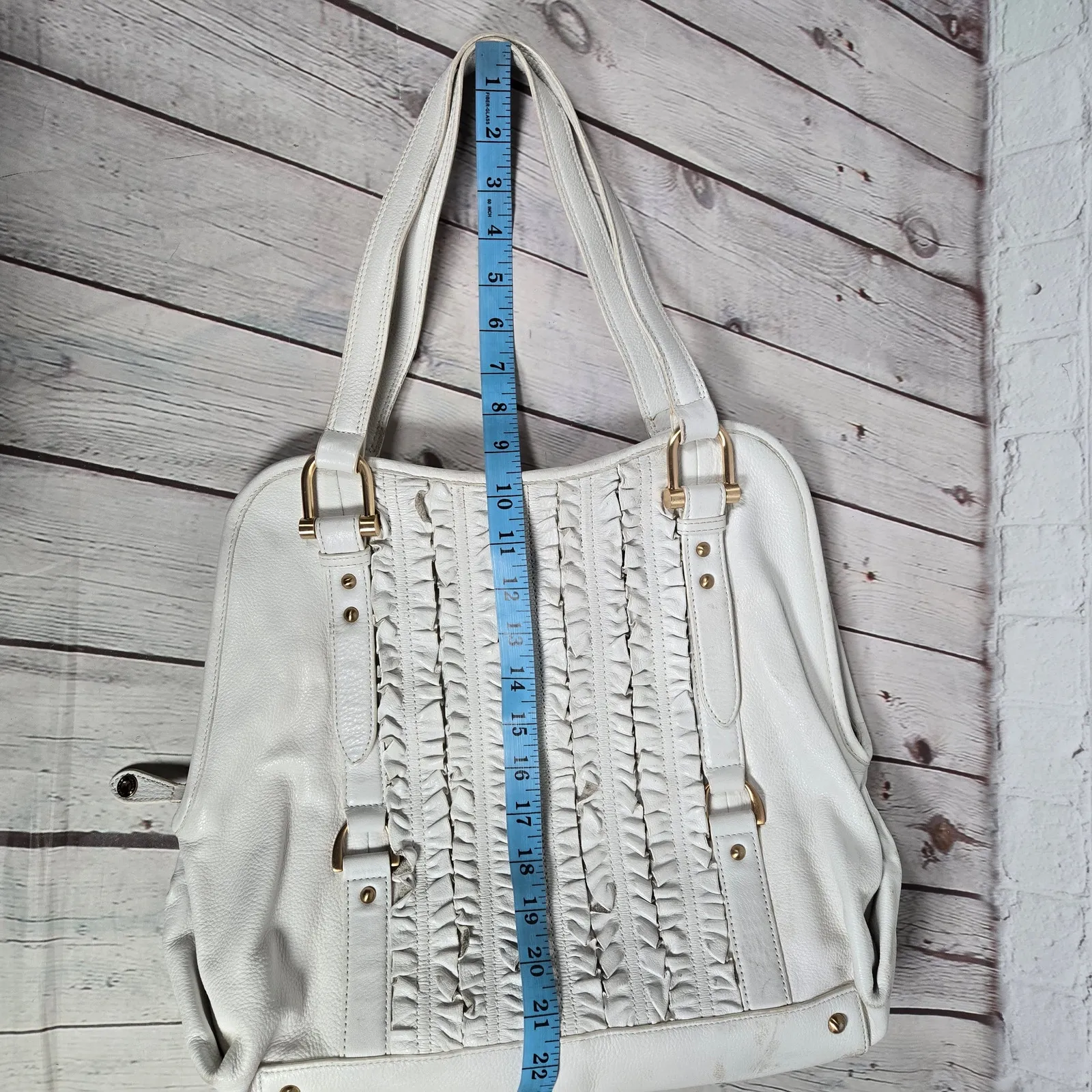 Tahari White Leather Ruffle Accent‎ Tote Bag Shoulder Bag Gold Hardware Dome - Image 15
