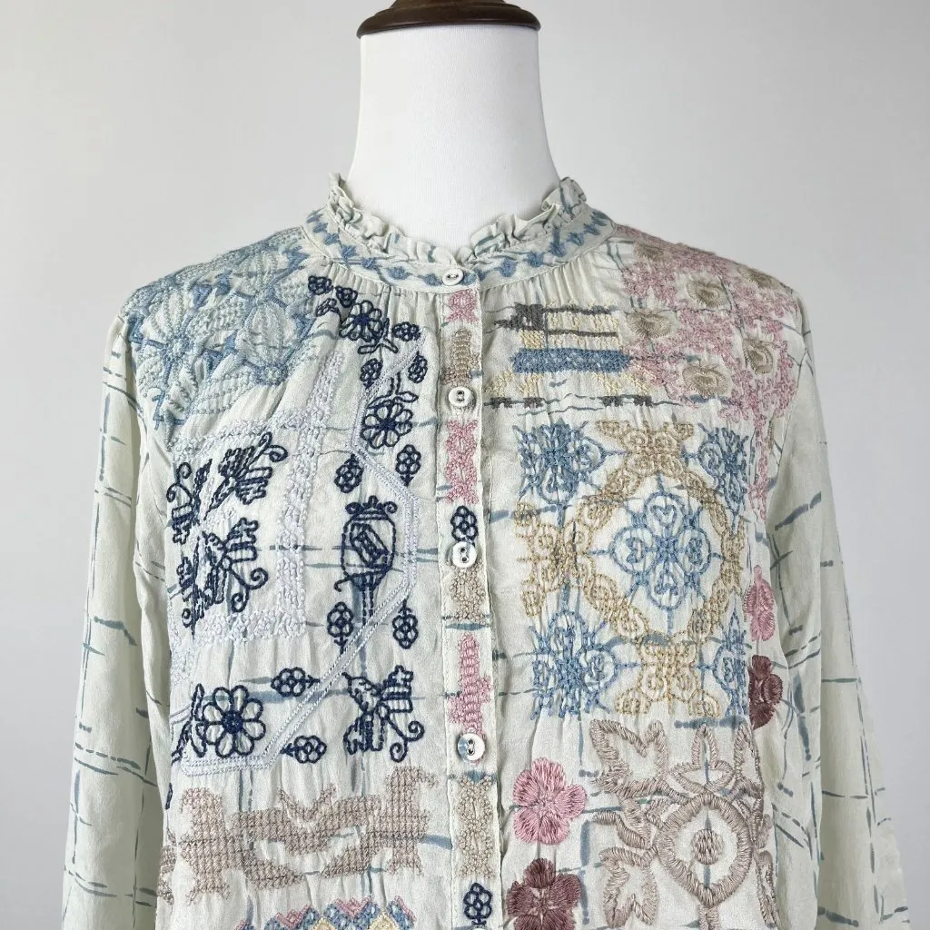 NWOT Johnny Was Biya Embroidered Floral Silk Boho Long Sleeves Shirt Blouse Sz S - Image 3
