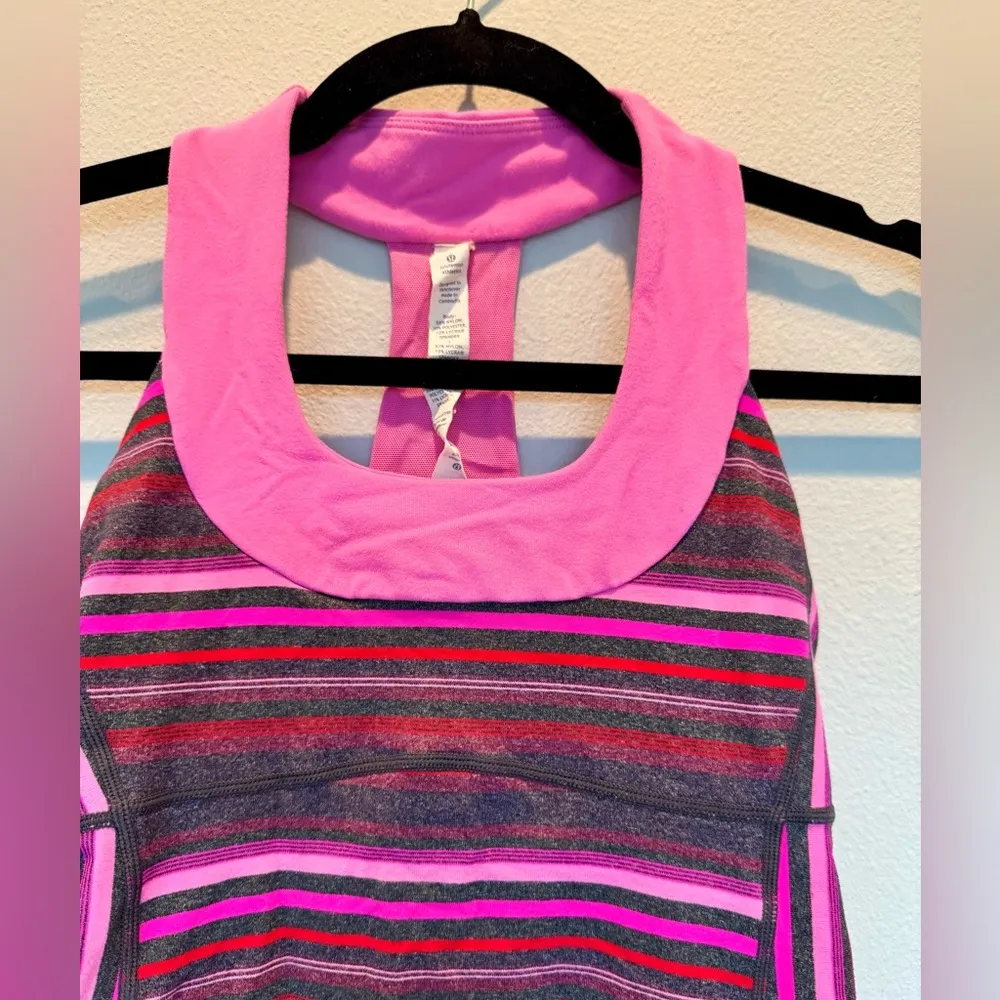 Lululemon Scoop Neck Running Tank | 4 | EUC | Pink/Grey Stripes | Shelf Bra - Image 2
