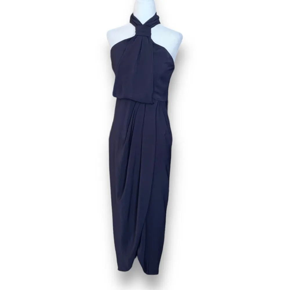 Shona Joy Revolve Knot Draped Halter Dress Navy Blue Maxi 4 Cocktail Formal - Image 2