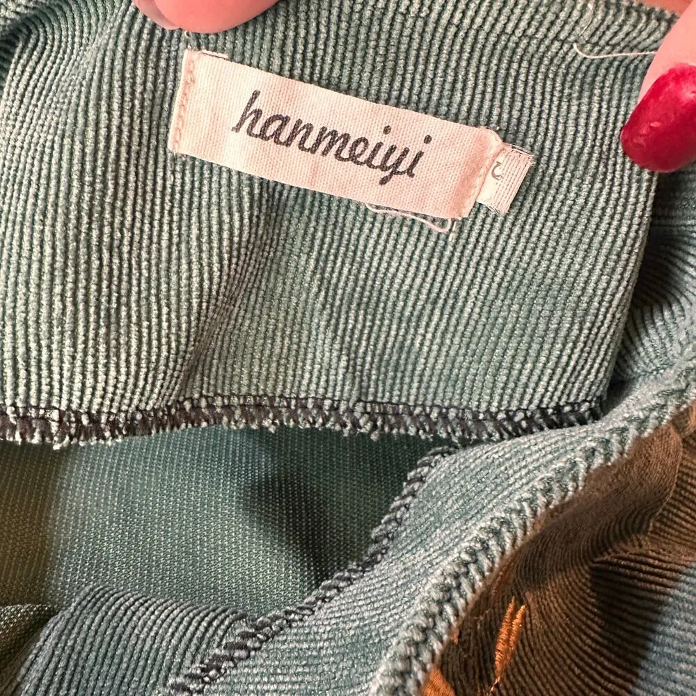 Hanmeiyi Women's Green Corduroy Floral Embroidered Dress Size Small - Image 7