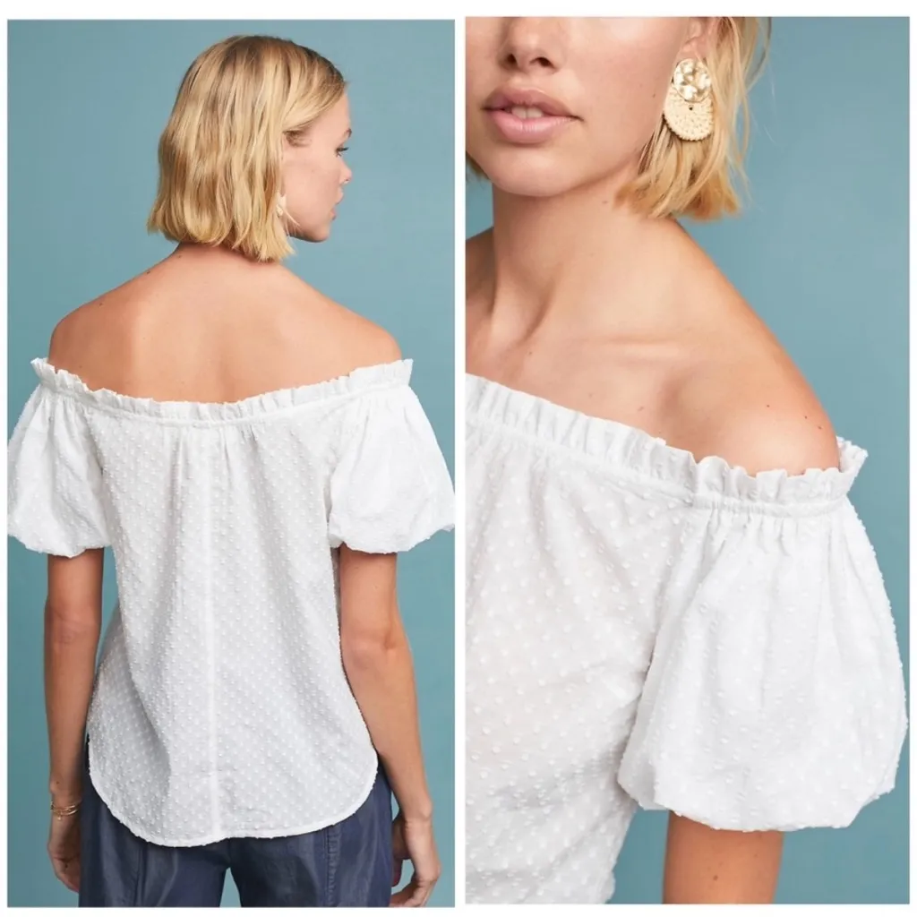 Maeve Anthropologie White Off The Shoulder Blouse Short Sleeve Top, 2 - Image 2