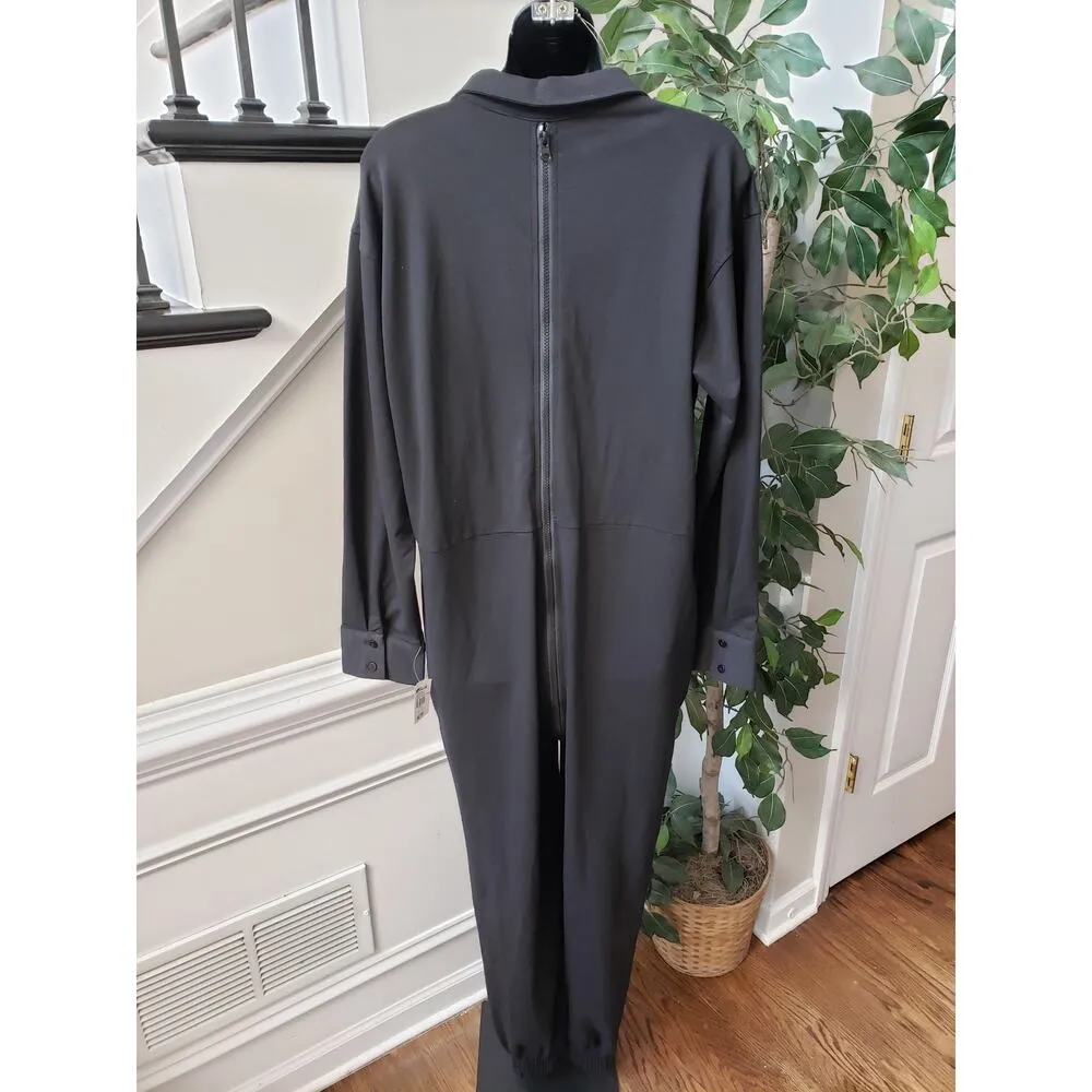 Capsulle Jumpsuit Womens Medium Black Solid Long Sleeve Collared Allover Zip - Image 3