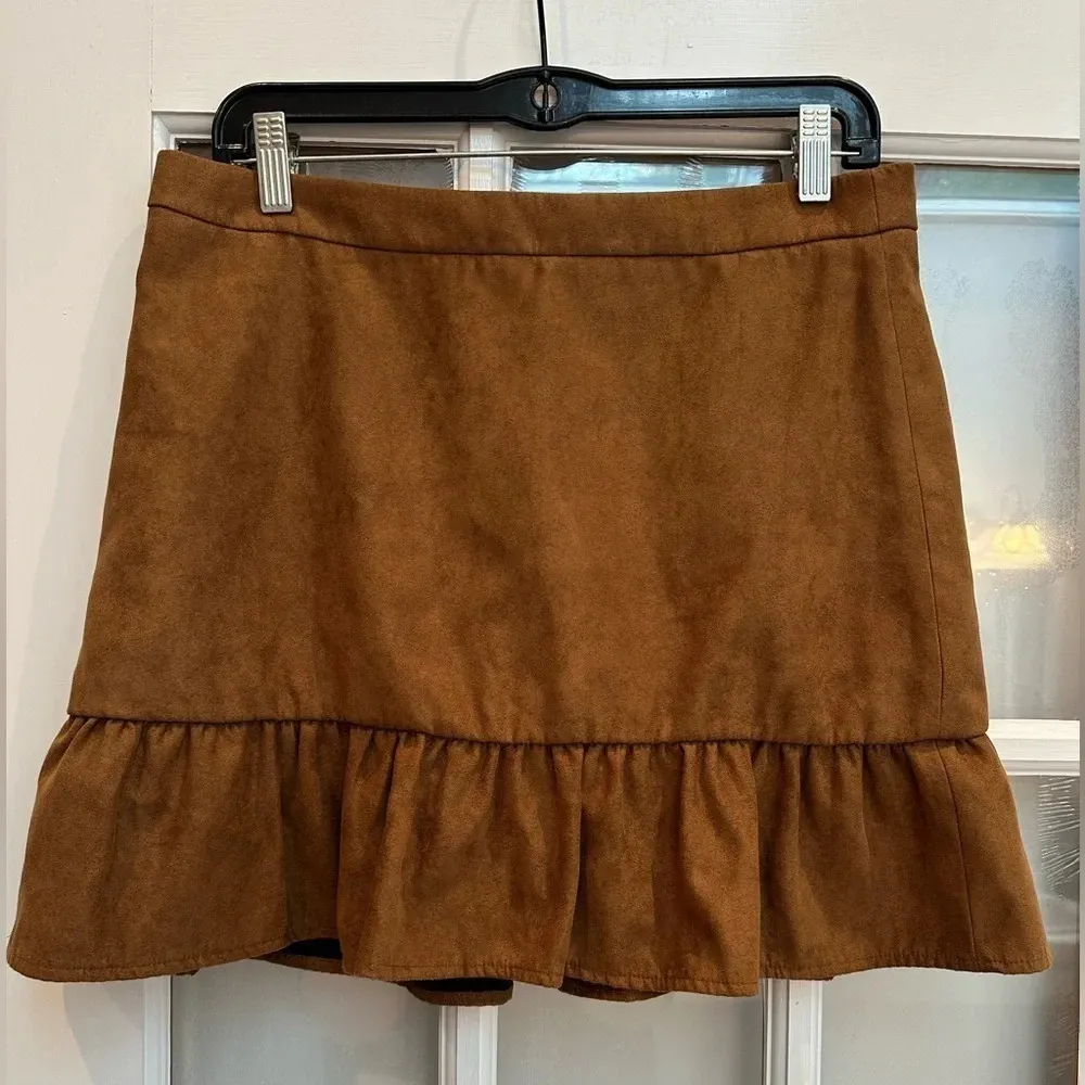 J. Crew Brown Faux Suede Ruffle Hem Mini Skirt Lined Women’s Size 8 Medium M - Image 8