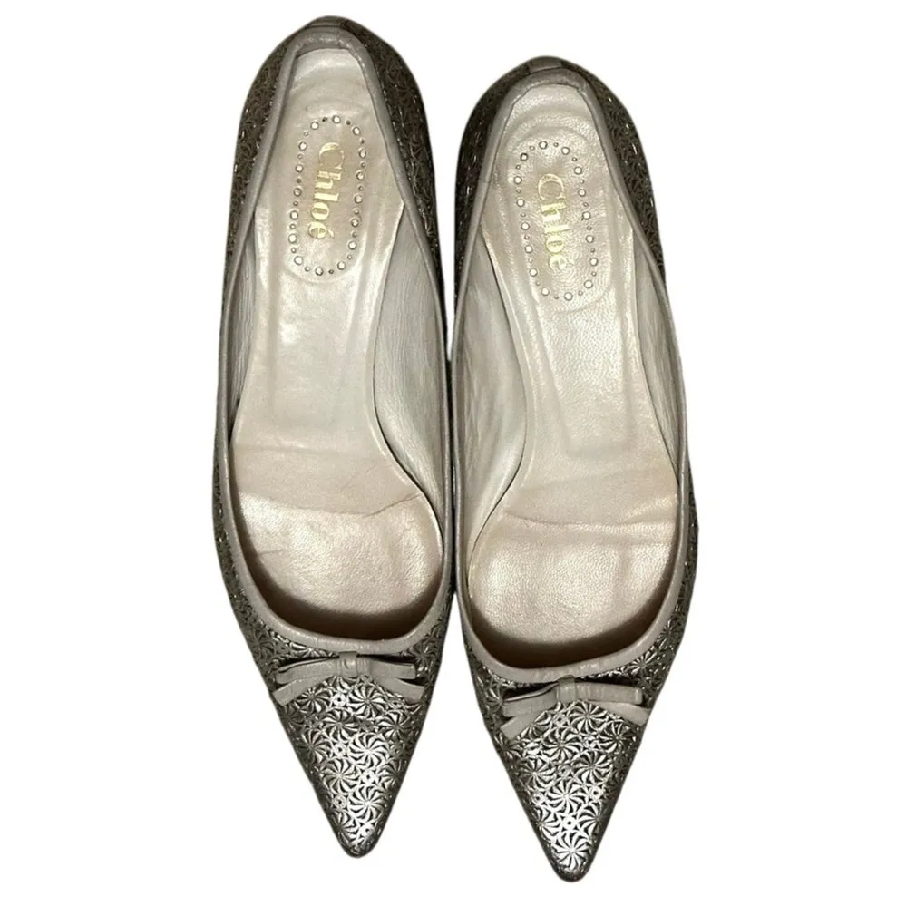 Vintage Chloe silver metallic pointed ballet bow flats size 36 fit like US 6.5 - Image 6