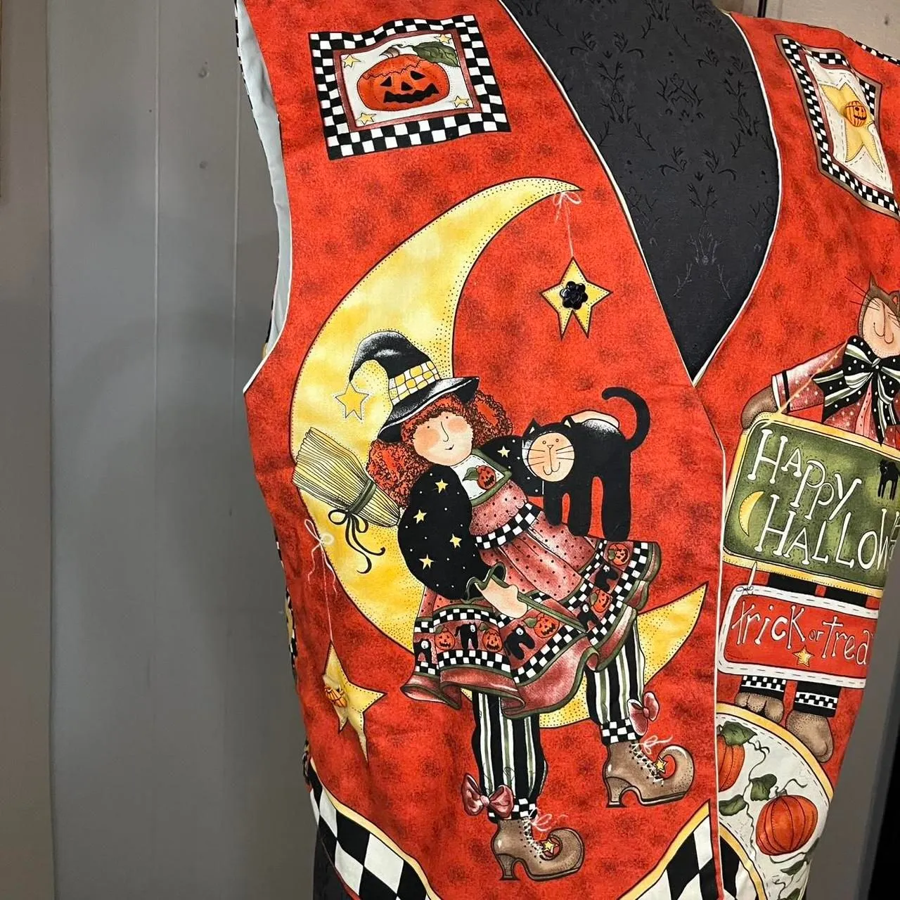 Happy Halloween Vintage Pumpkins Witch Cat Vest XL - Image 2