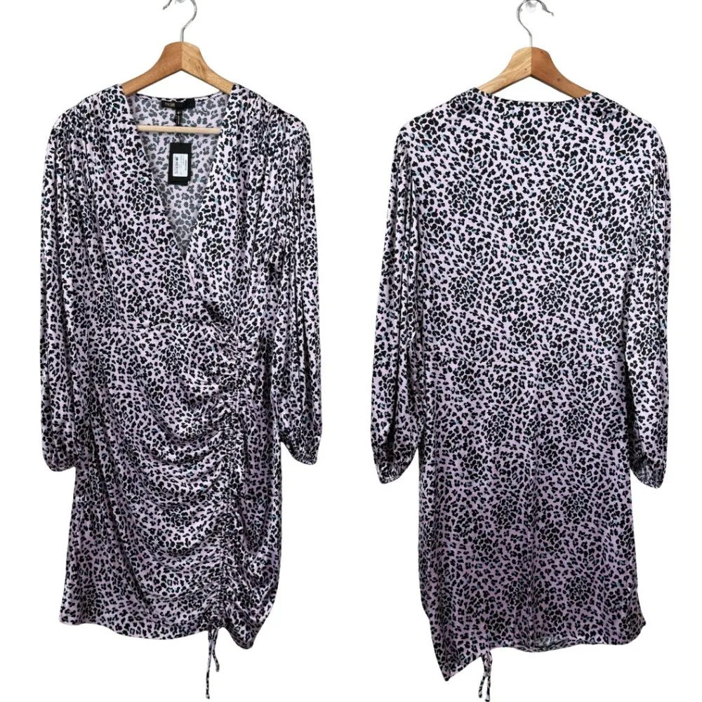 Maje Draped Leopard Print Mini Dress Women's XL Pink Faux Wrap Ruched Party NWT - Image 5