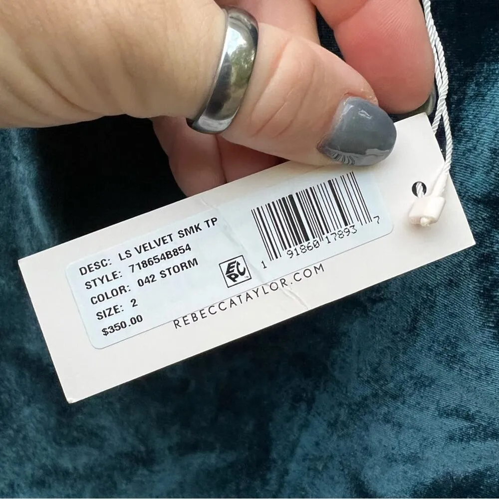 Rebecca Taylor Velvet Smocked Long Sleeve Top Silk Storm Green Blue NWT Size 2 - Image 5