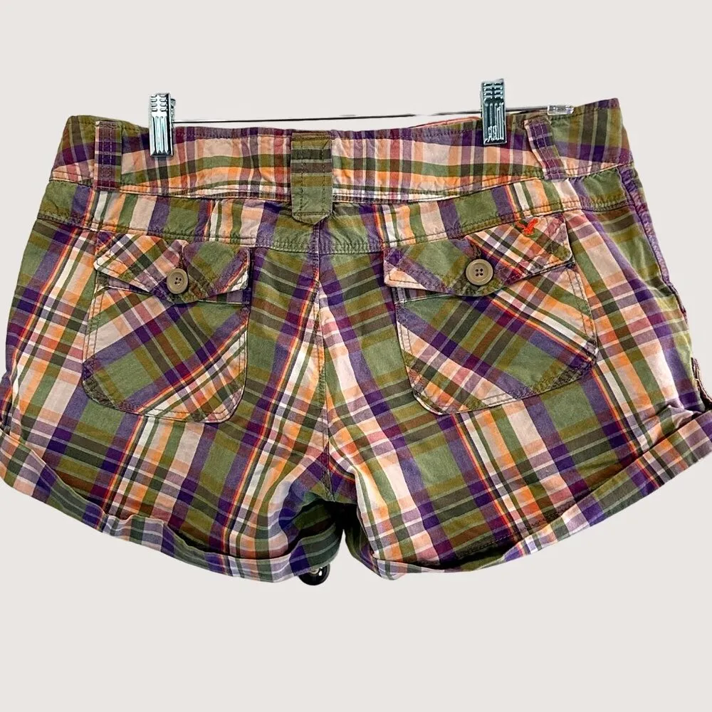 American Eagle Size 14 Plaid Print Cotton Summer Shorts Button Accents Pockets Green - Image 3