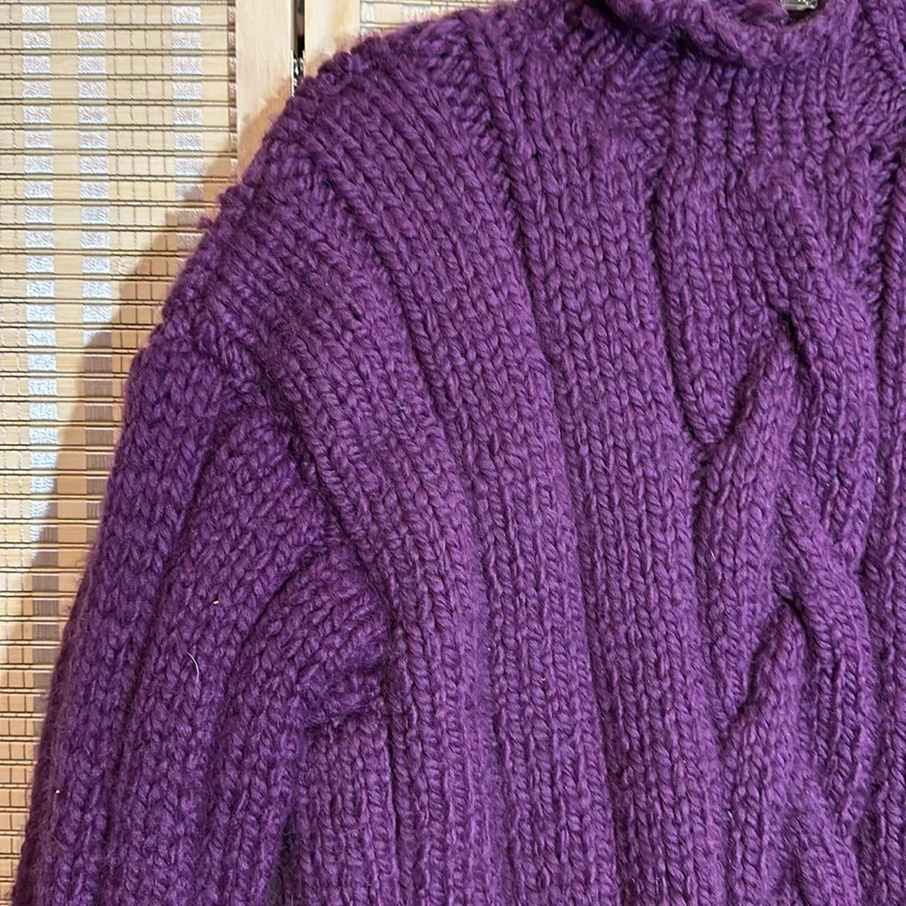 Vintage Purple Hand Knit Thick Heavy Mock Turtleneck Collar Cable Knit Sweater - Image 3