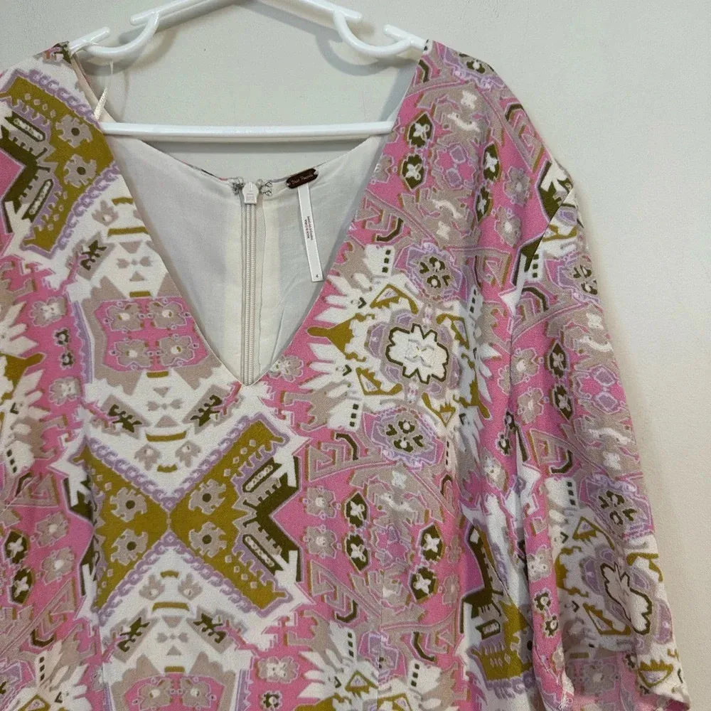 Free People Viscose pink mustard Aztec print vneck mini dress spring ss - Image 2