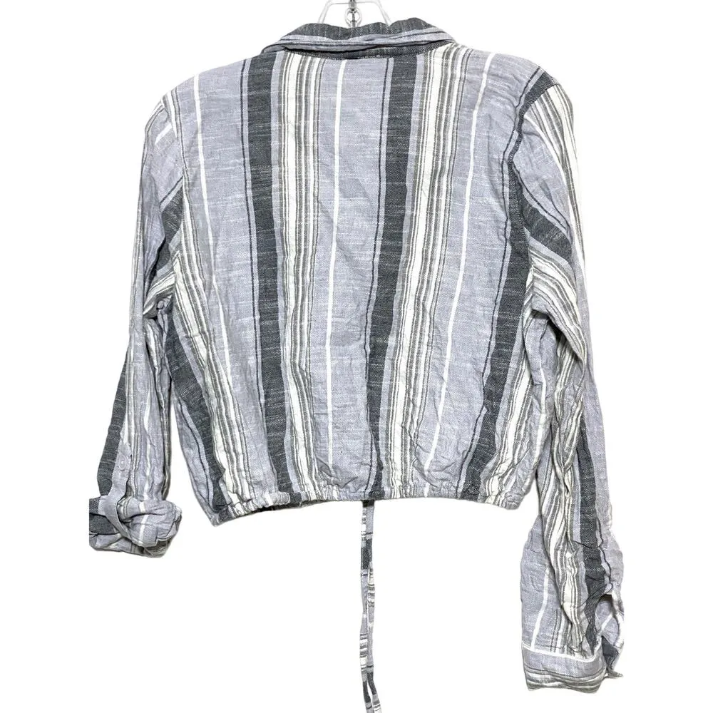 Charlotte Russe Crop Top Button Blouse Striped Roll Tab Long Sleeve Womens M - Image 5