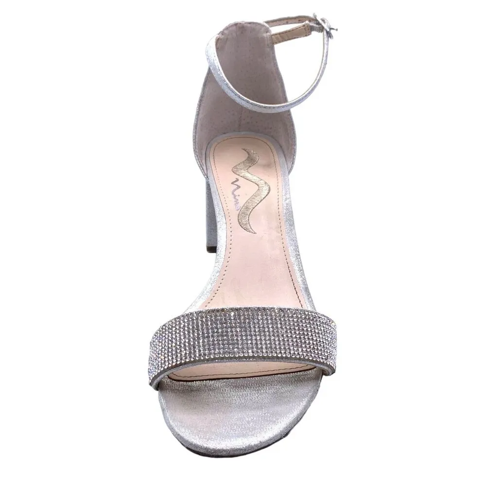 Nina Ankle Strap Strappy Heels Dressy Shoes Size US 8 Rhinestone Silver Sparkly - Image 3