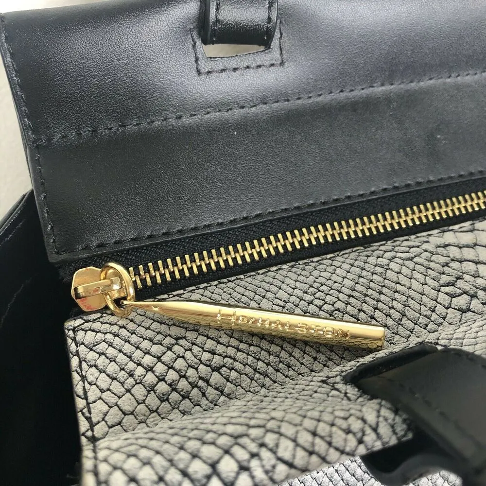 H by Halston Black Gray Smooth Leather Satchel with Snake Embossed Flap - Image 10