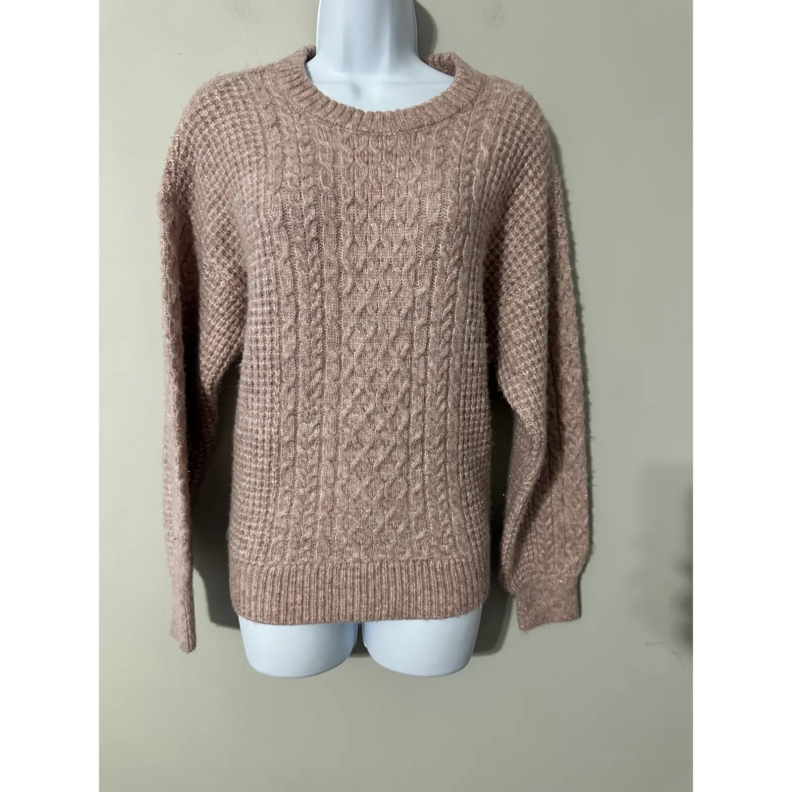 Lauren Conrad Cable Knit Sweater Pink Sparkle Crew Neck Long Sleeve Women's M - Image 2