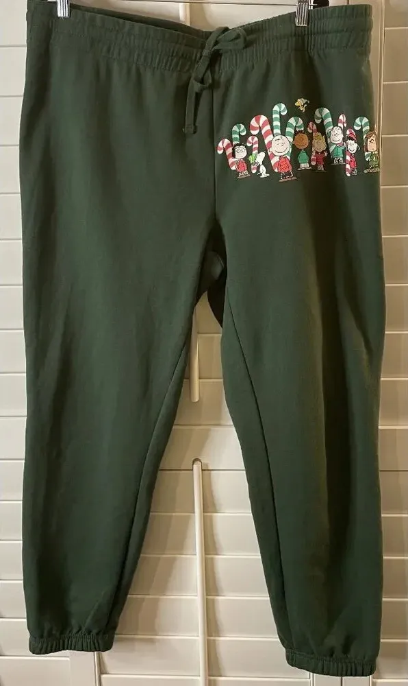 Peanuts Christmas Joggers Small Snoopy & Friends Candy Cane Print Lounge Pants Green - Image 1