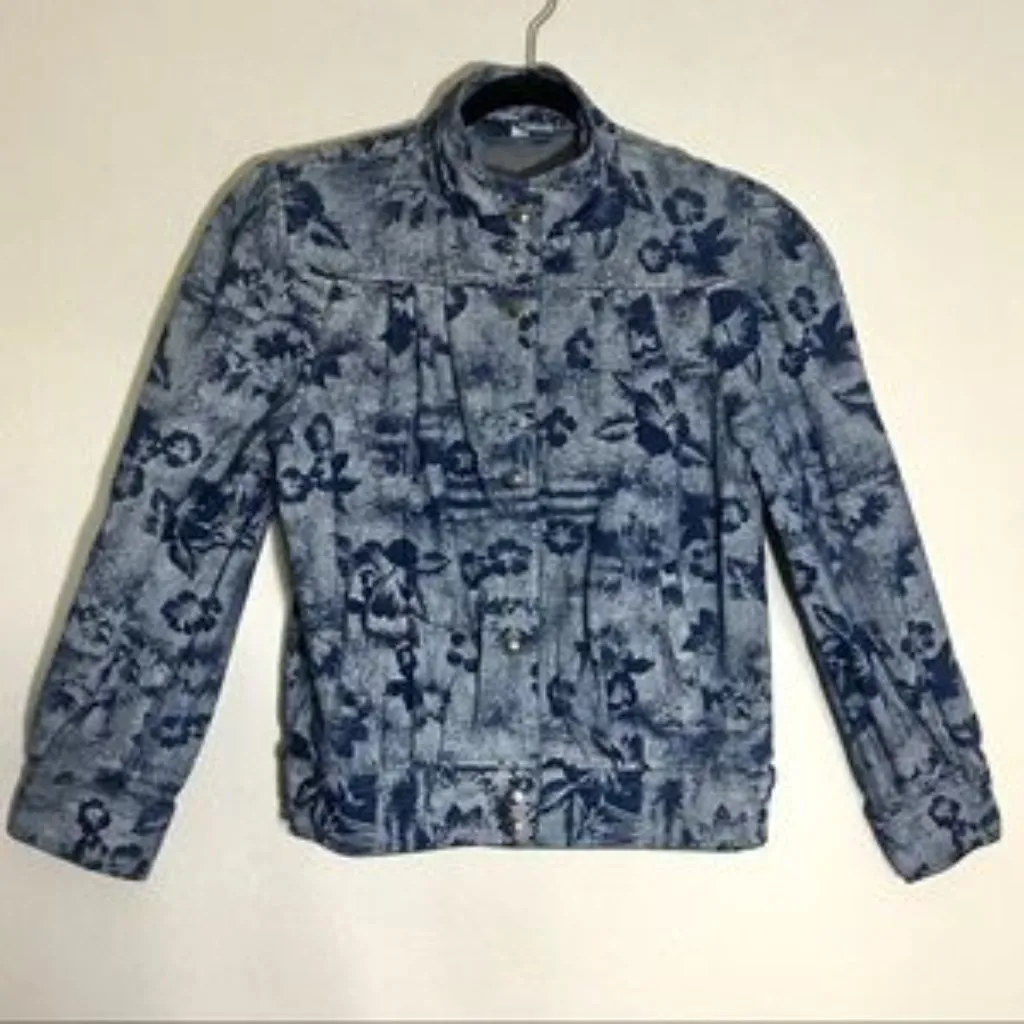Vintage 80s Jean‎ Jacket Tropical Floral Hawaiian Blue Denim Cotton Women Unique Size M - Image 2