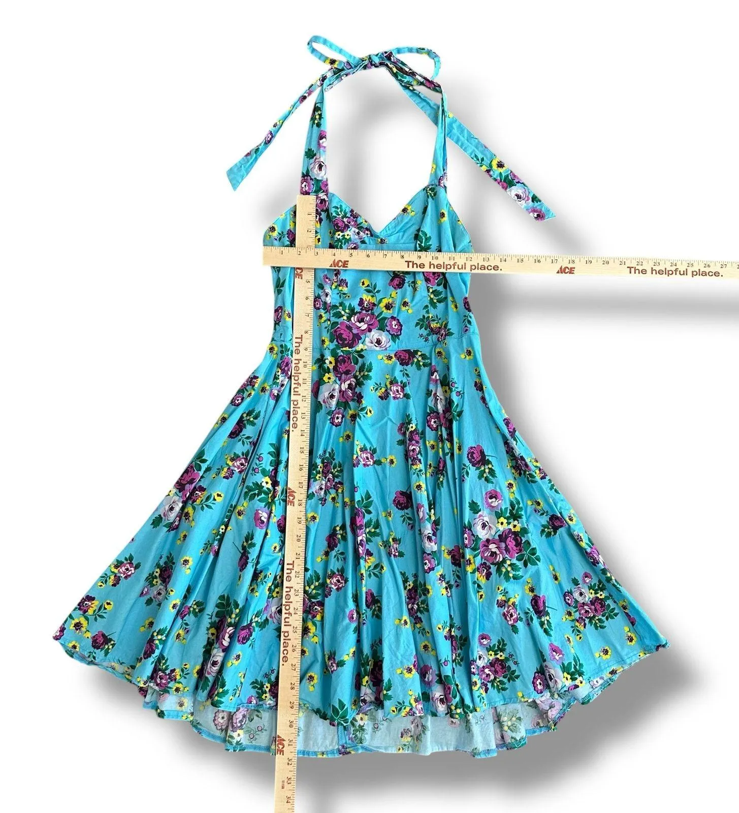 Hell Bunny Vixen Retro Halter Sundress Blue Floral Rockabilly Pin Up 50s Dress L - Image 3