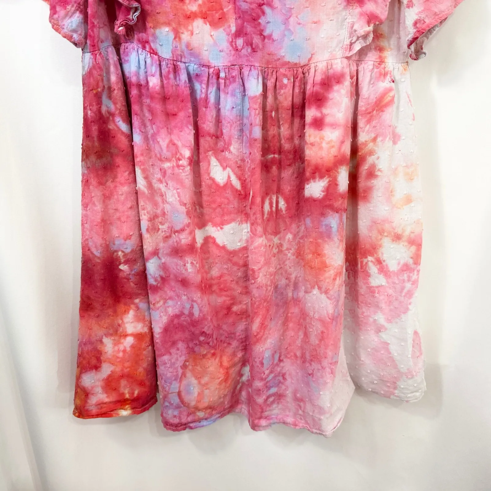 Umgee‎ Small Dress Handmade Tie Dye Ruffle Short Sleeve Mini Pink White 1322 - Image 8