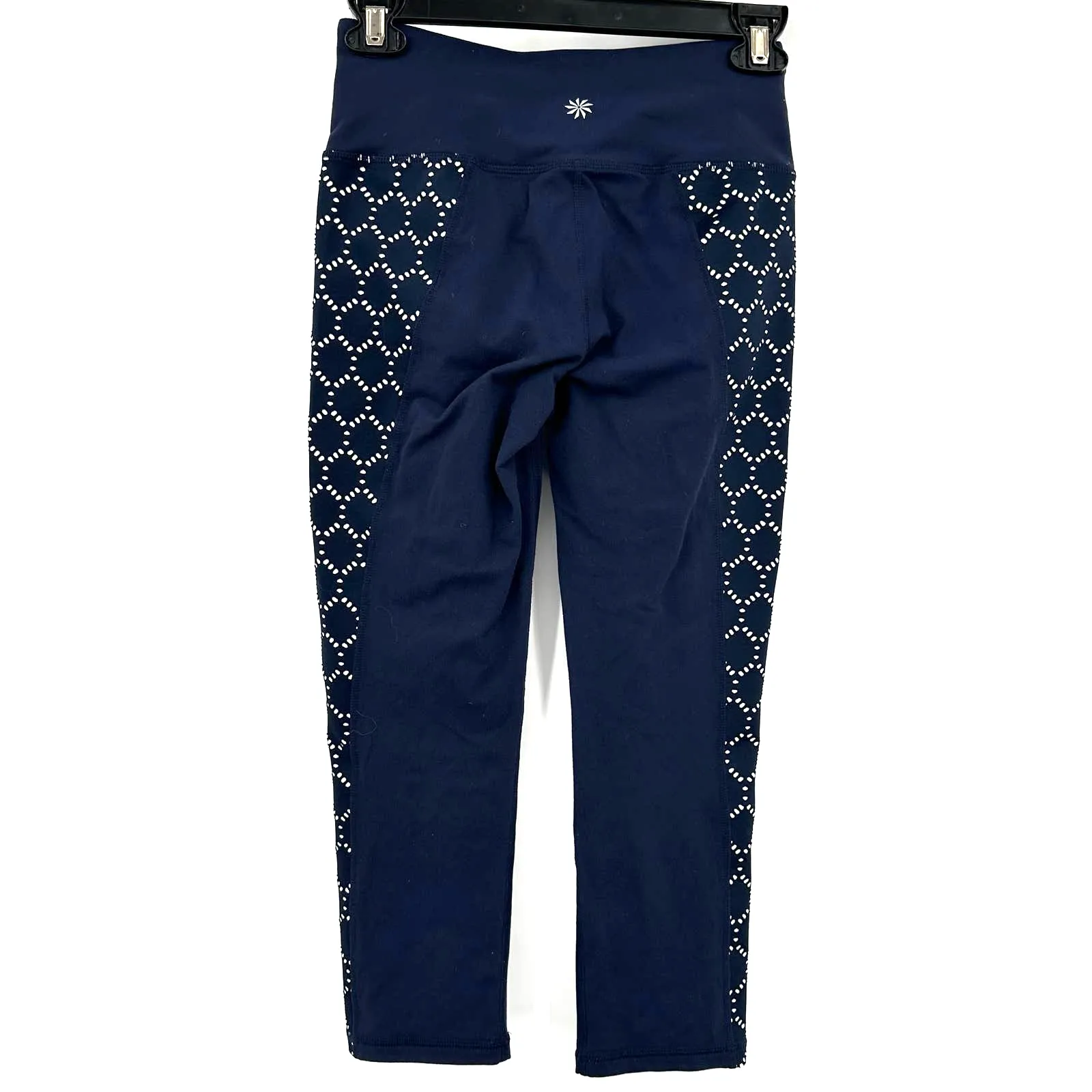 Athleta size‎ XS dark blue 3/4 length leggings with geometric pattern down legs - Image 2