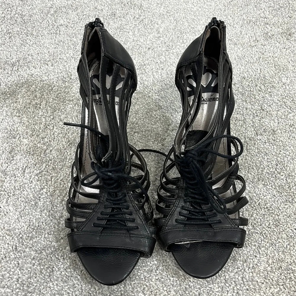 Fergalicious by Fergie Size 7.5 Marla Zipper Lace Up Strappy Heel Sandals - Image 2