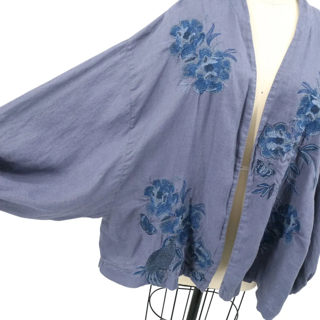 Sundance Linen Floral Bird Embroidered Boho Peasant Kimono Jacket Top Blue L - Image 2