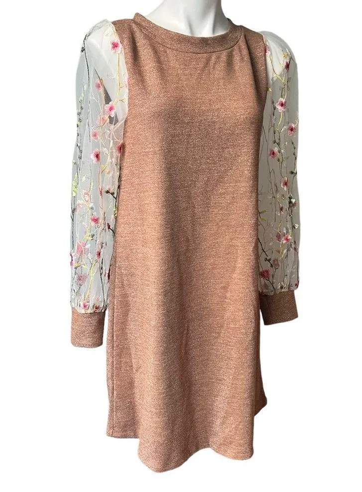 Renee C. Brown Metallic Dress with Sheer Mesh Embroidered Long Sleeves; Sz M - Image 3