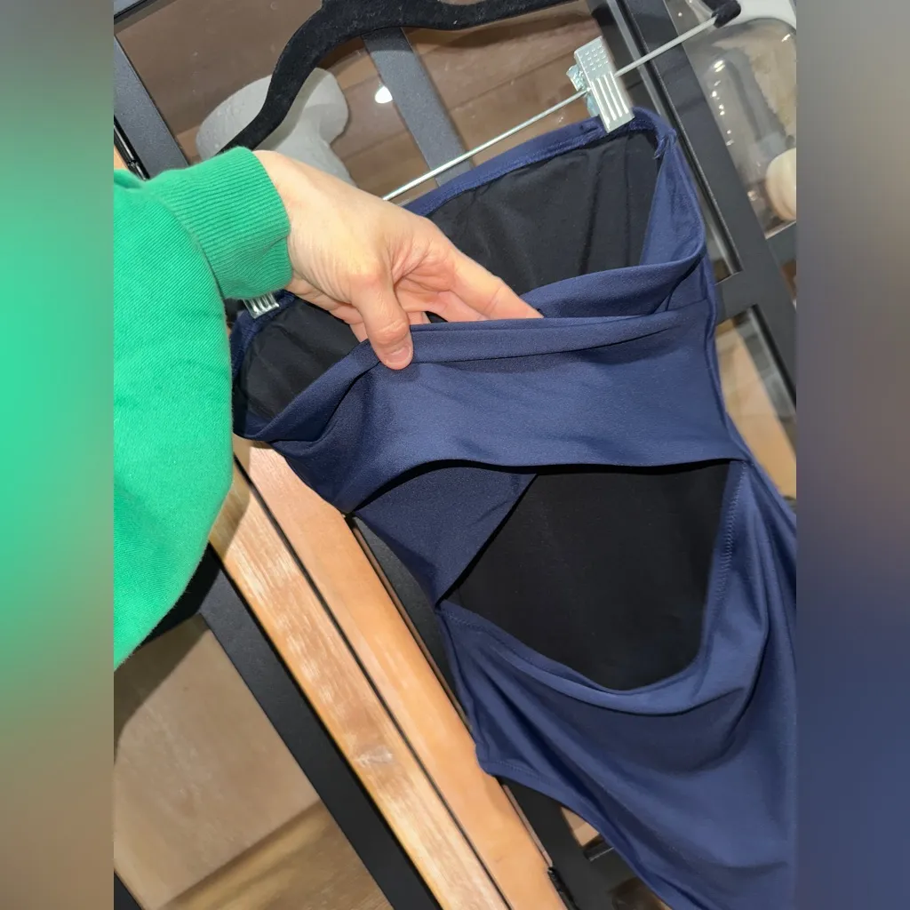 J. crew solid navy strapless one piece swimsuit open criss cross back - Image 7