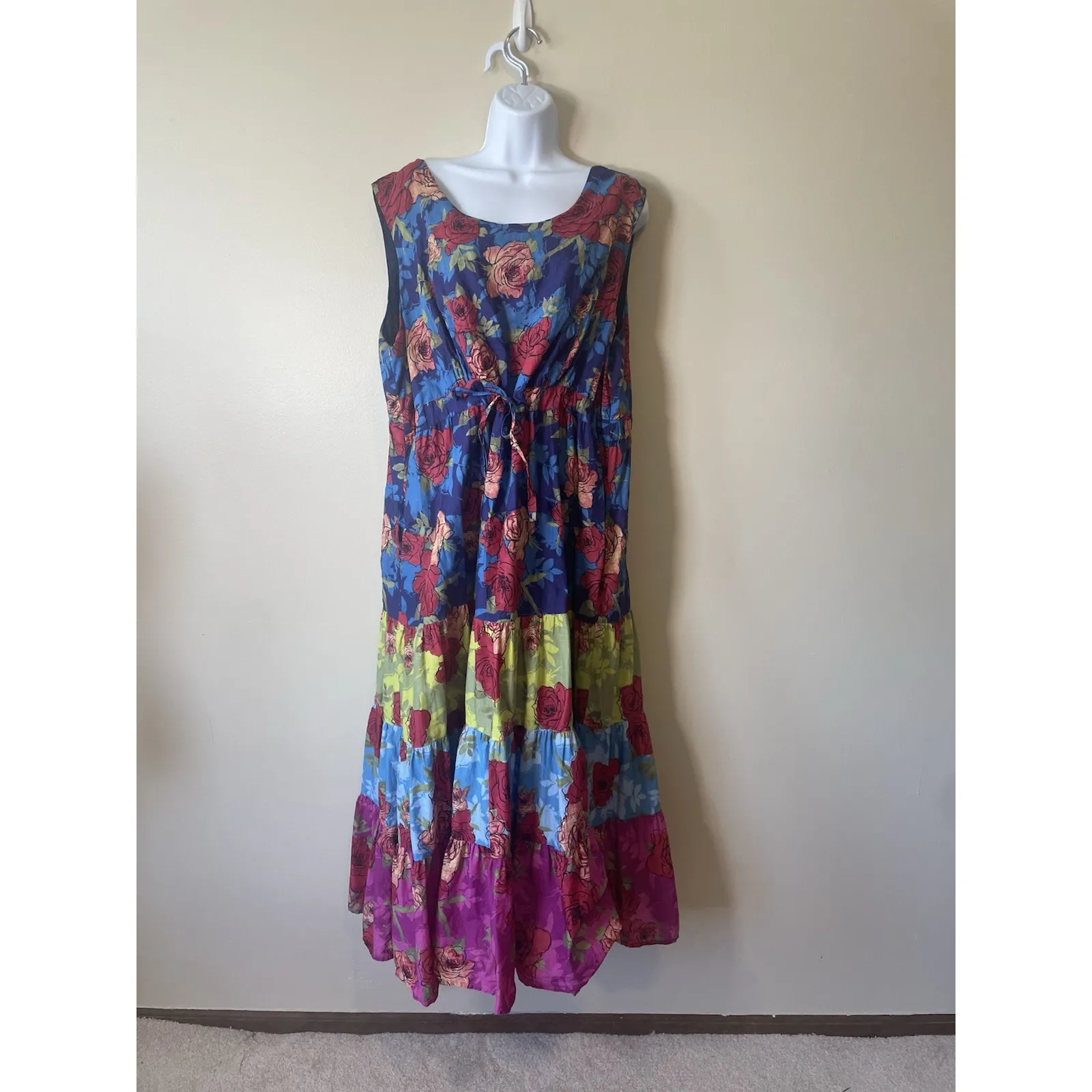 WOMAN WITHIN Midi Dress‎ Patchwork Sleeveless Floral Tiered Pockets Cotton 22W Blue - Image 2