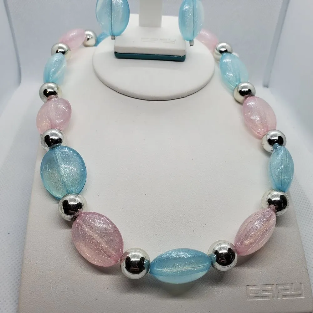 Blue, Pink, & Silver Necklace & Earrings Set Pink - Image 2