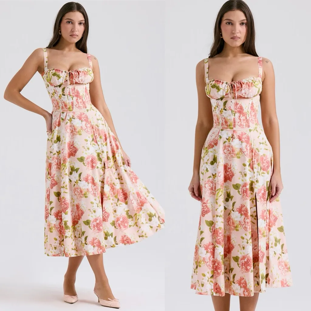 HOUSE OF CB 'Carmen' Pink Peony‎ Print Cotton Bustier Sundress NWOT Size M A-C - Image 3