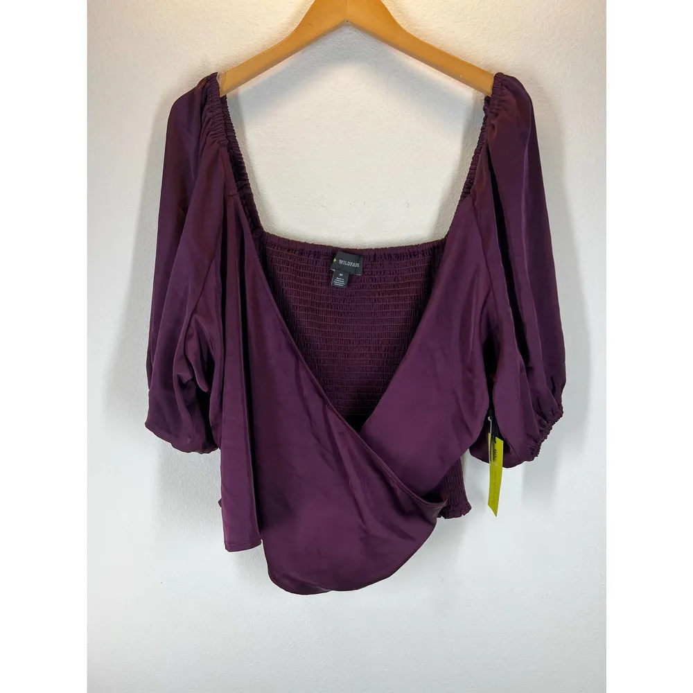 Wildfang NWT 3X Eggplant Satin Blouse Cropped Wrap Top Balloon Sleeve Retail $55 - Image 2