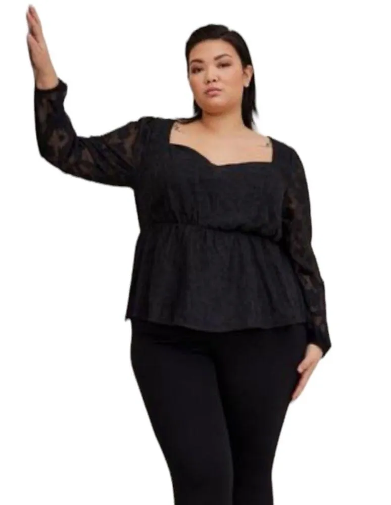 Torrid Black Peplum Chiffon Clip Floral Puff Sleeve Top Size 3 or 3X or 22-24 - Image 2