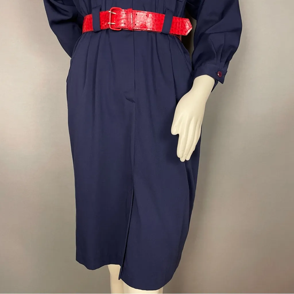 Vintage Taurus II Dress‎ 1970s Navy Blue Red Belt Long Sleeves Button - Image 5