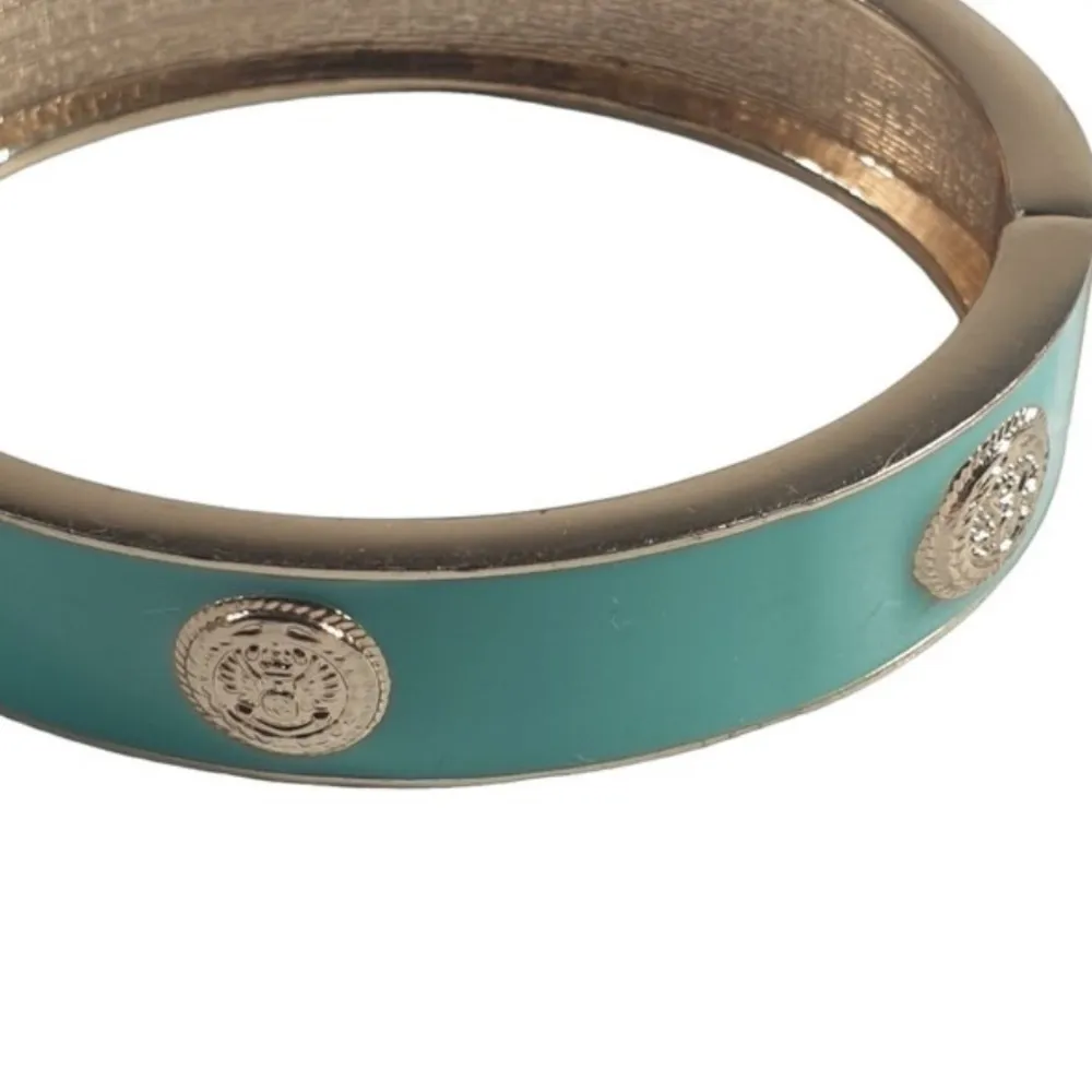 ELIZABETH JULES TIFFANY TEAL BLUE MINT GREEN CLAM CUFF ENAMEL GOLDTONE BRACELET - Image 3