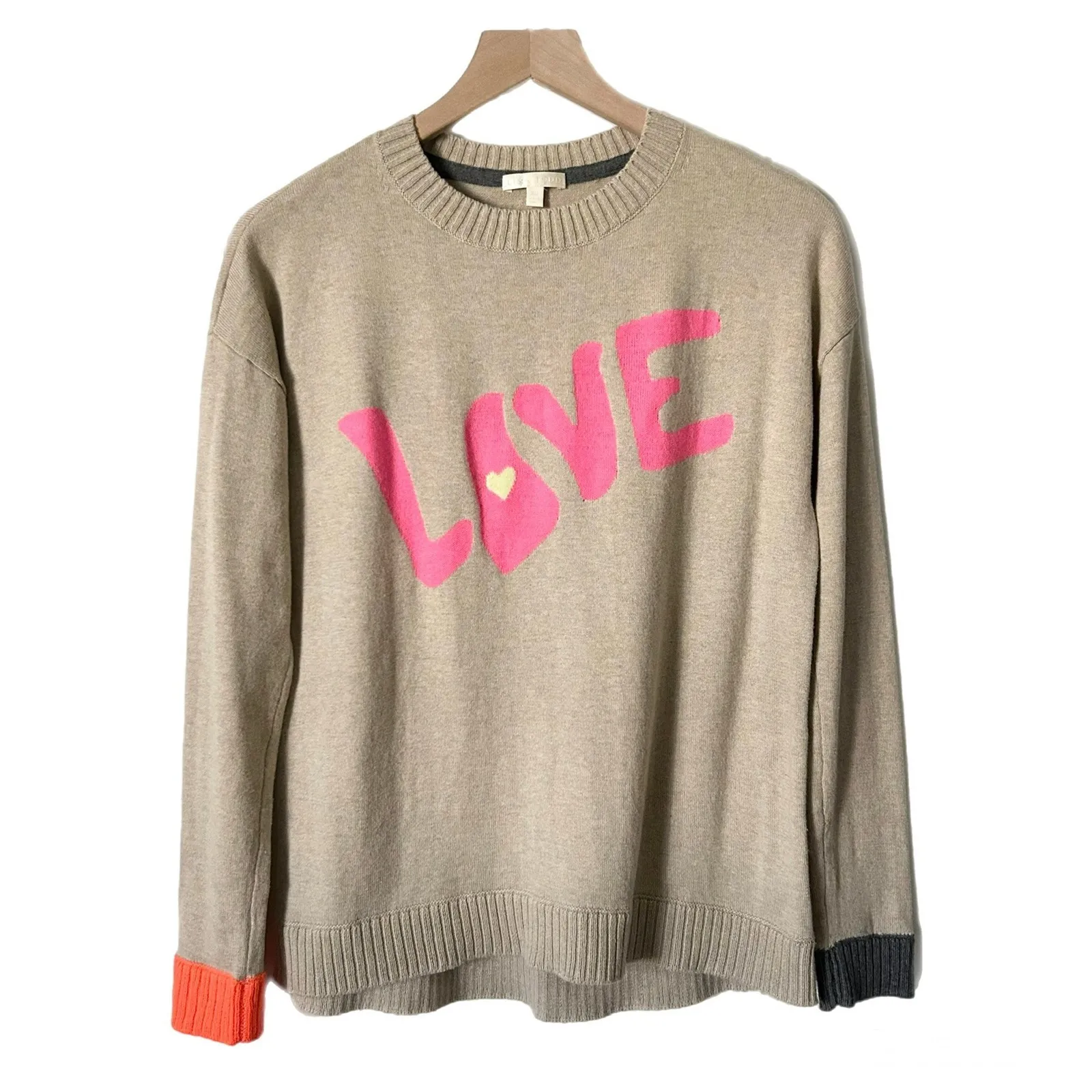 Lisa Todd Love Heart Graphic Knit Sweater Beige Pink Cotton Cashmere Size XS Tan - Image 2