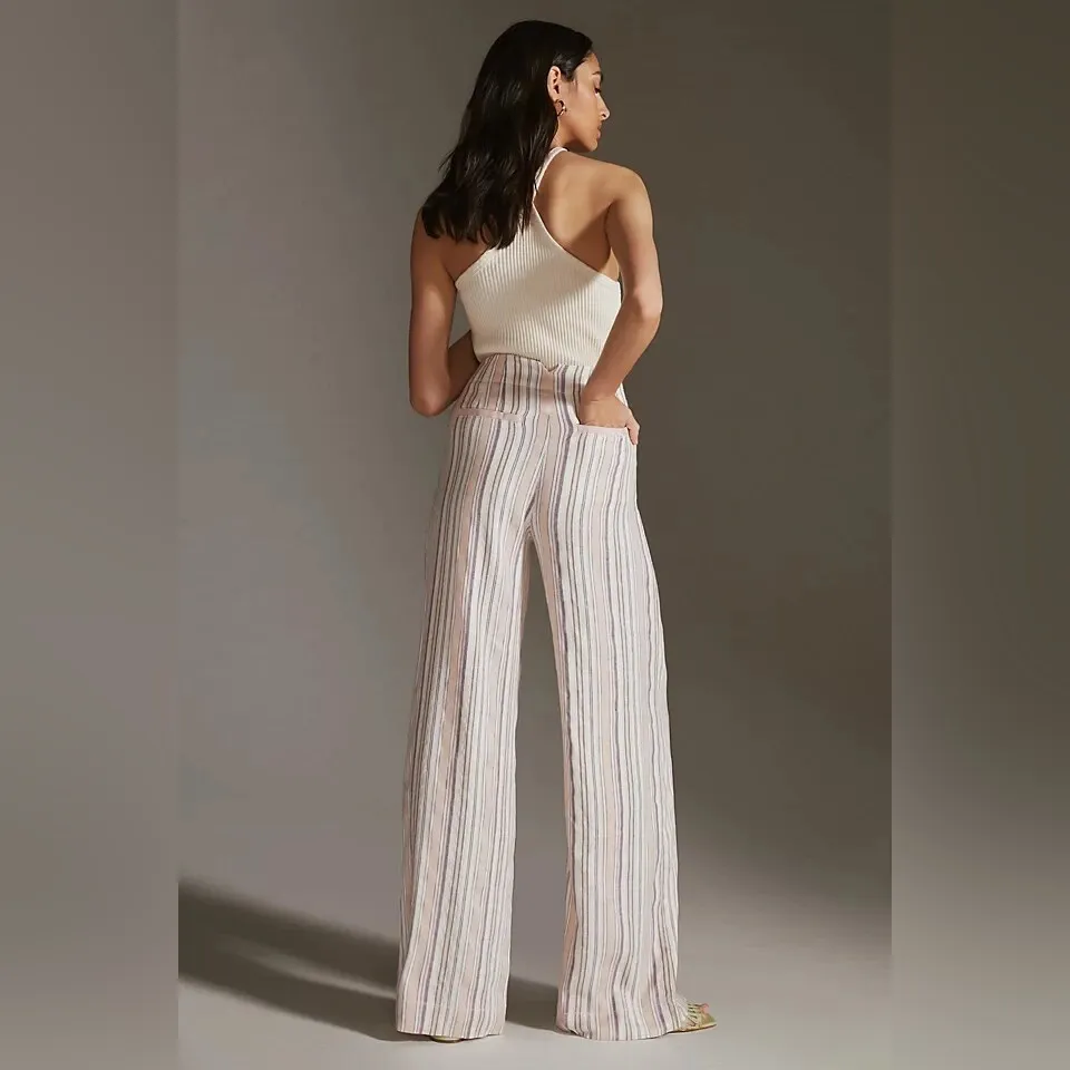 Maeve Wide Leg Linen Pants Anthropologie Striped Pink Gray Size 6 - Image 2