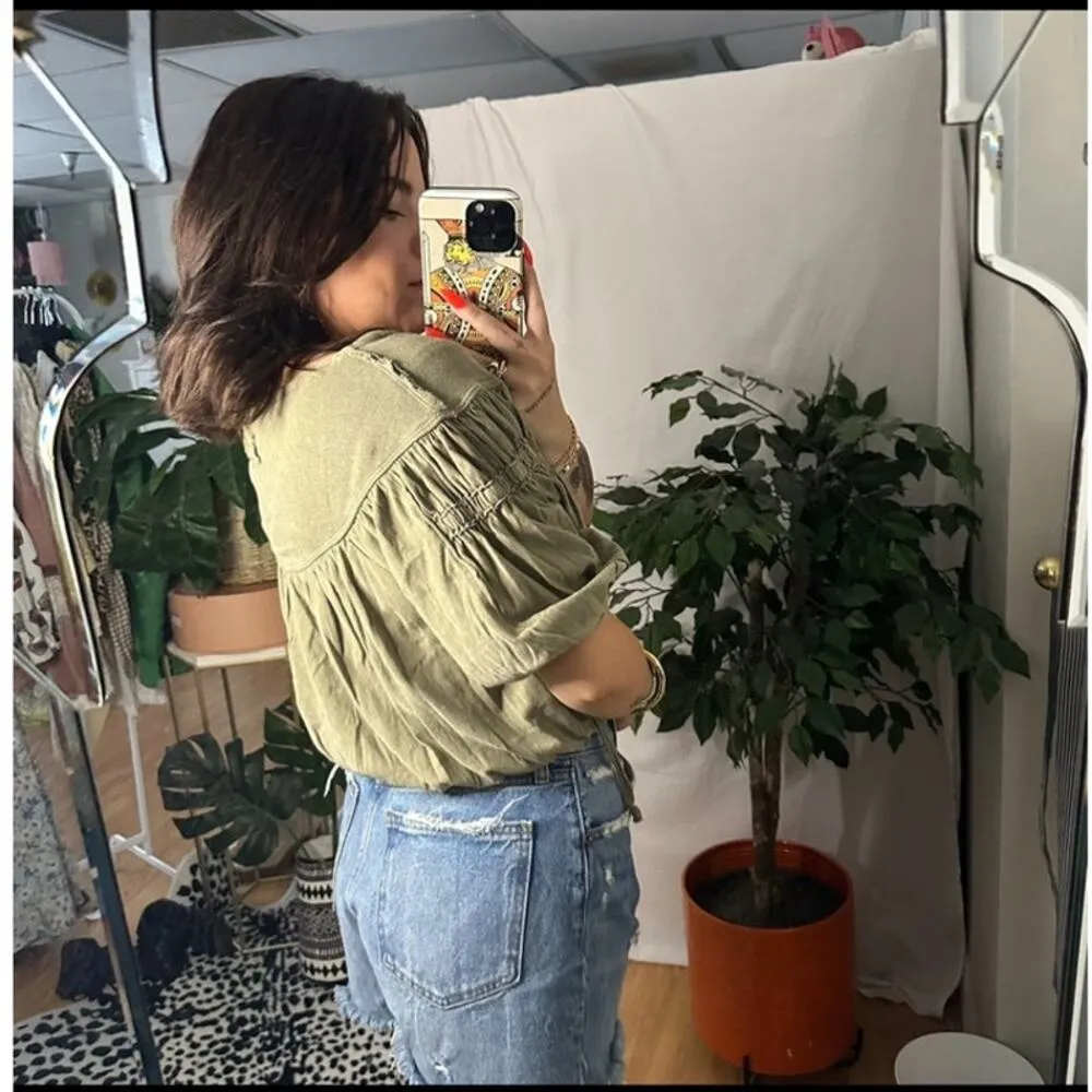 Free People No Good Alone Boho T-Shirt Olive Green Size XS - Image 3