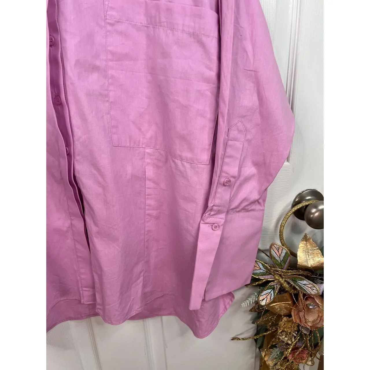 Topshop Shirt Oversized Sz US S 4-6 Pink Collared Long Sleeve Split Back Cotton - Image 8