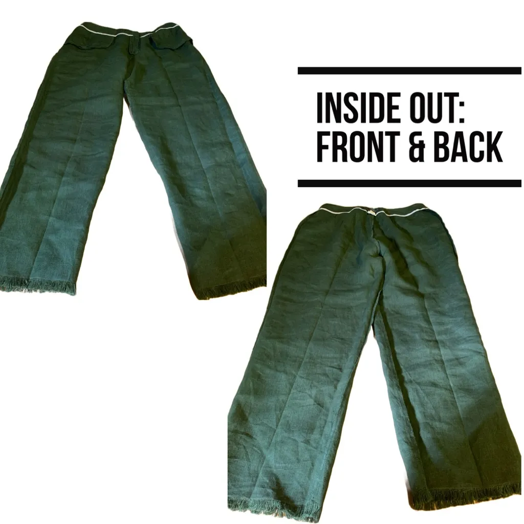 VINTAGE 1990'S HARVE BENARD FOREST GREEN LINEN FRINGE HEM TROUSERS (14) - Image 11