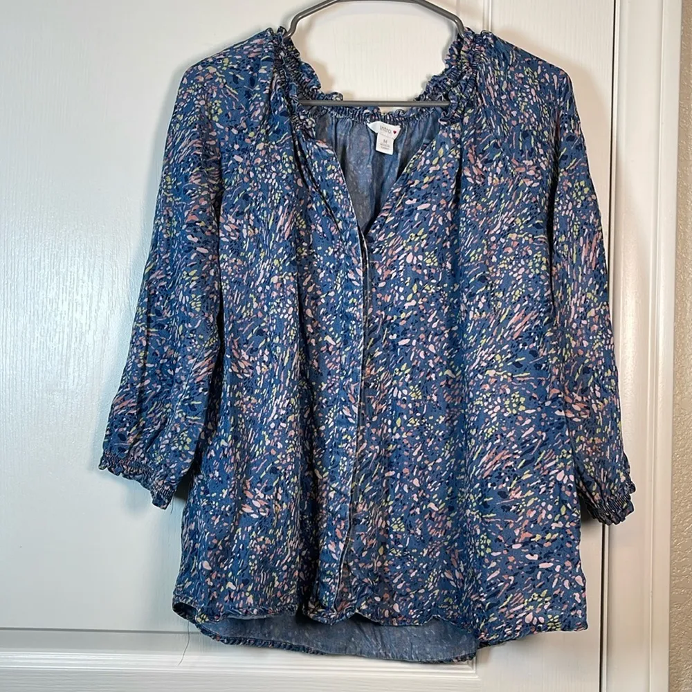 Intro Blue Bohemian 3/4 Sleeve Button Down V - Image 2