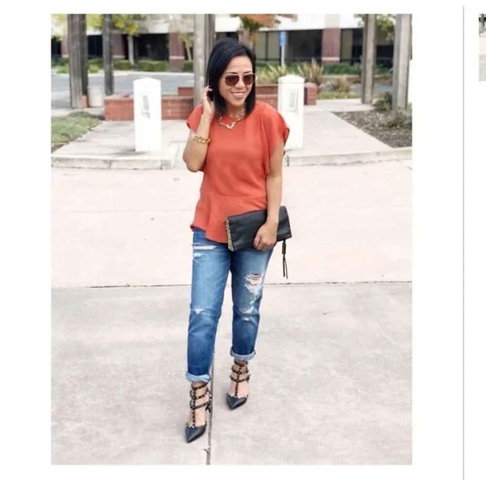 Stella & Dot Women's Crew Neck Back Zip Peplum Ruffle Blouse Orange Size Medium - Image 6