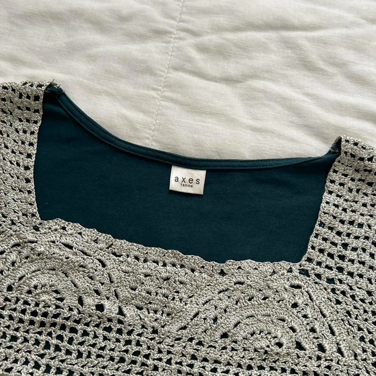 Axes Femme dark Green jacquard polka dot and cream crochet bib peasant top Size M - Image 3