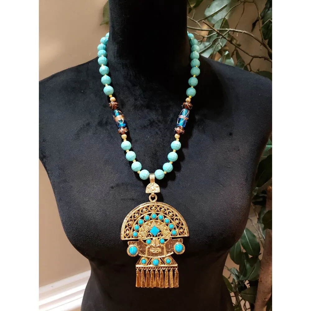 Womens Western Faceted Blue Turquoise Acrylic Beads Filigree Pendant Necklace - Image 2