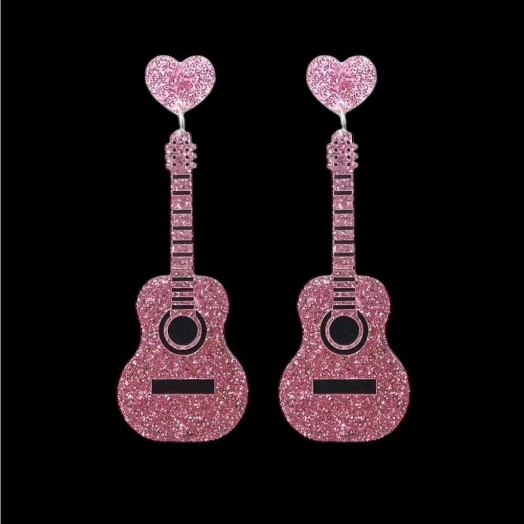 Sparkle with style: Pink guitar glitter acrylic earrings‎ - Image 6