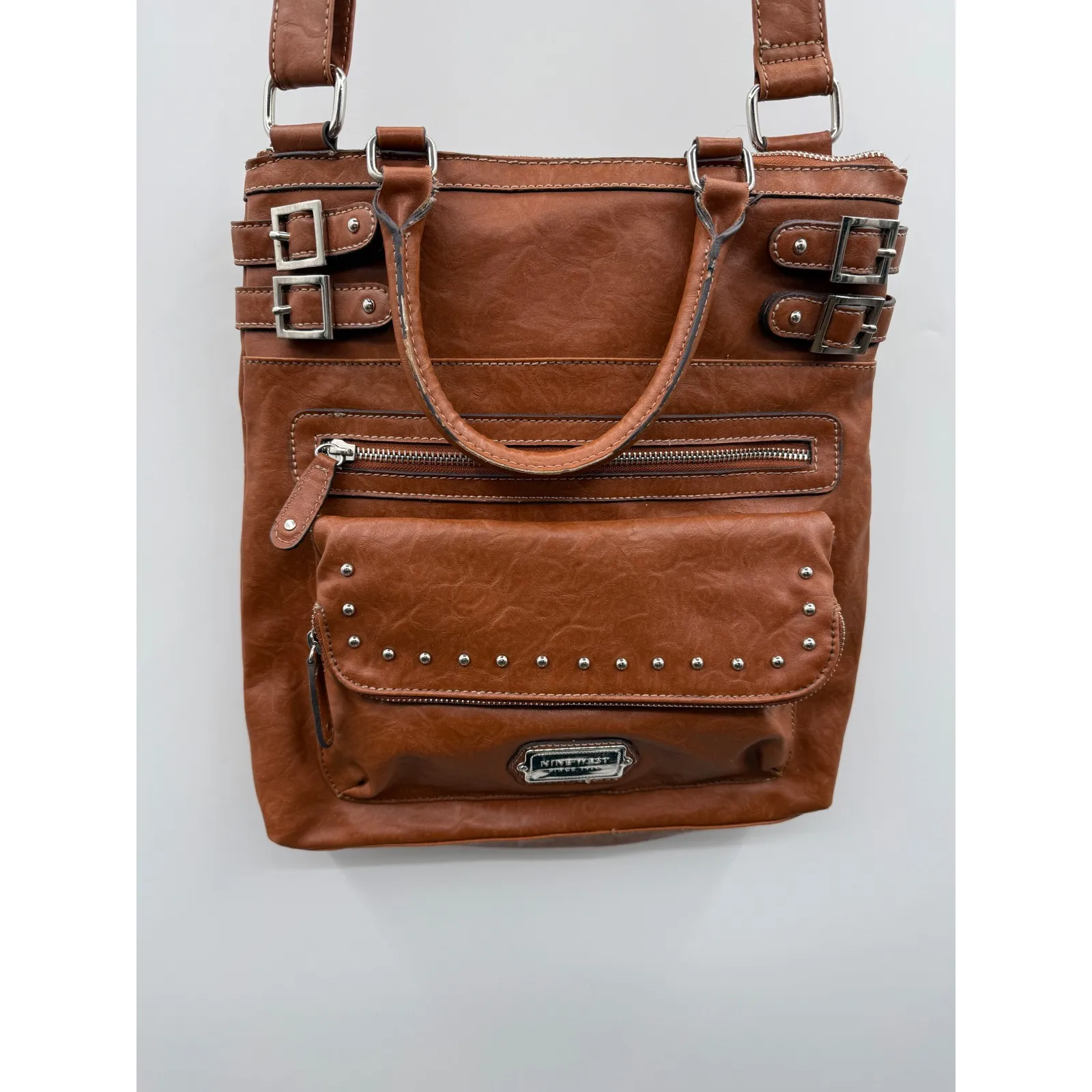 Nine West Brown Faux Leather Crossbody Bag Studded Zip Pocket Shoulder‎ Purse - Image 3