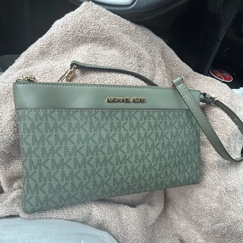 Michael Kors Olive Monogram Leather Small Crossbody - Image 4