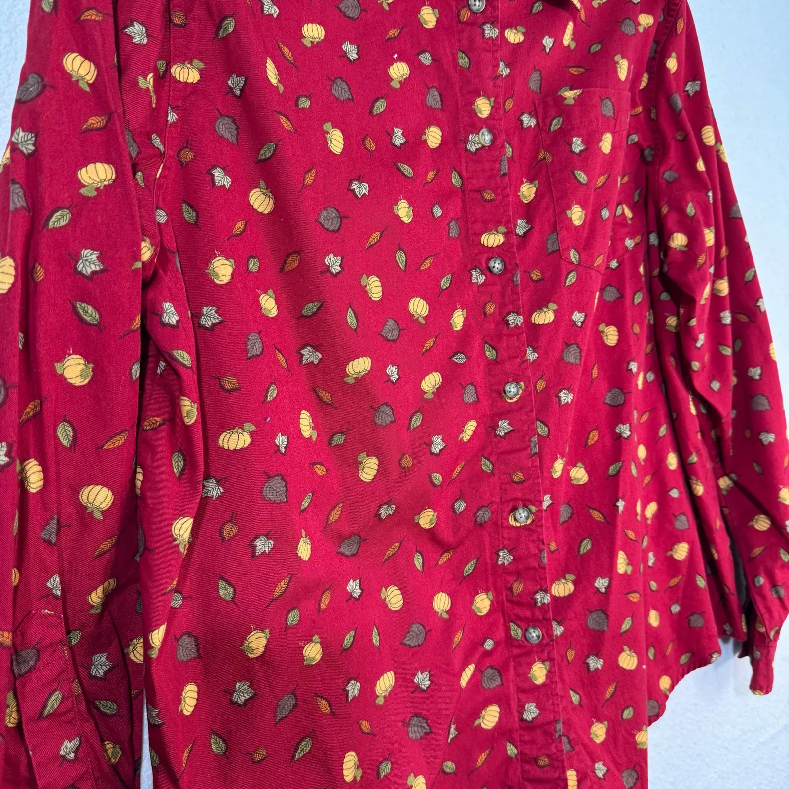 Karen Scott Fall Leaf & Harvest Pumpkin Print Red Button-Up Cotton Shirt X-Large - Image 9