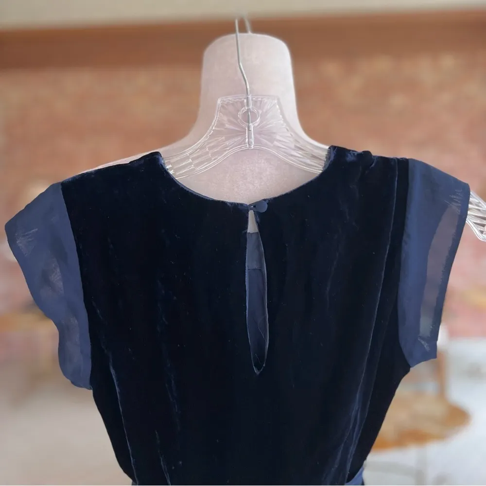 BCBGMAXAZRIA Top Velvet Cap Sleeve Blue Chiffon Belted XXS Cocktail Party Glam - Image 8